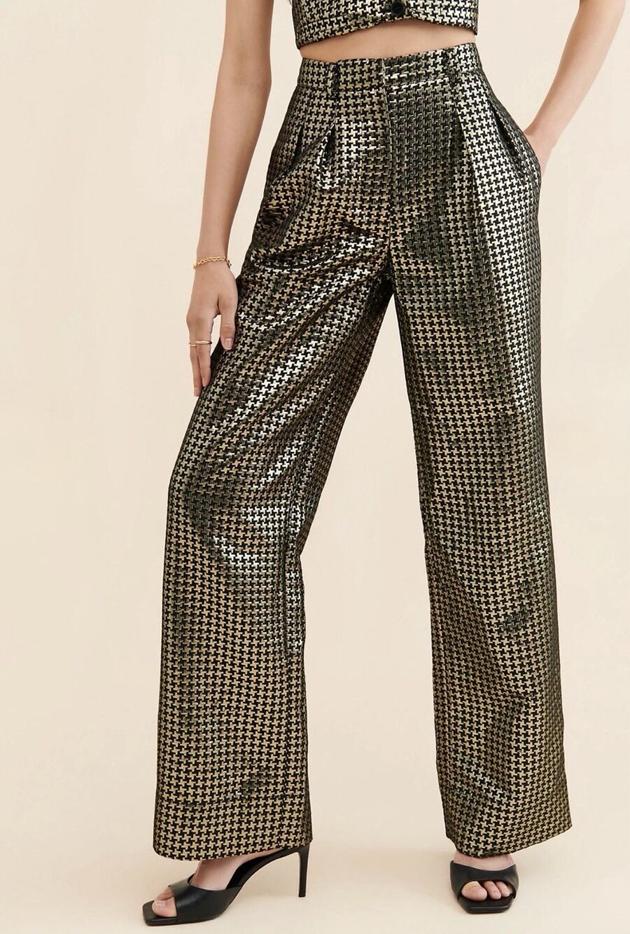 Ronny Kobo Carrine Metallic Houndstooth Trousers - S Gold Black Wide Leg Pleated